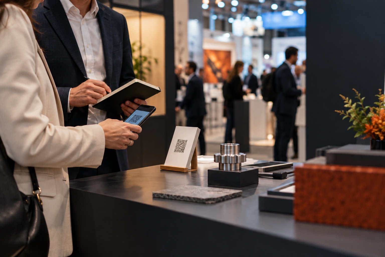 Besucher scannt einen QR-Code an einem internationalen Messestand